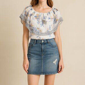 White House Black Market Watercolor Floral Cape-Overlay Peasant Blouse | Size S